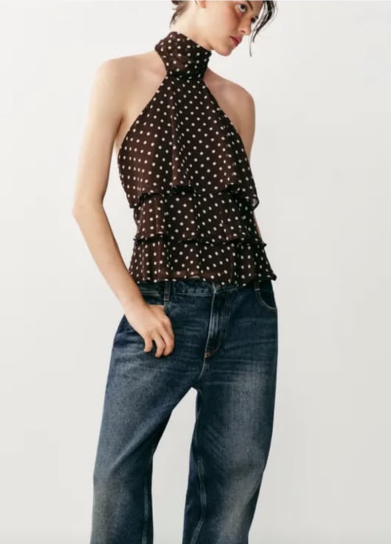 Zara Chocolate Brown Polka Dot Tiered Halter Blouse