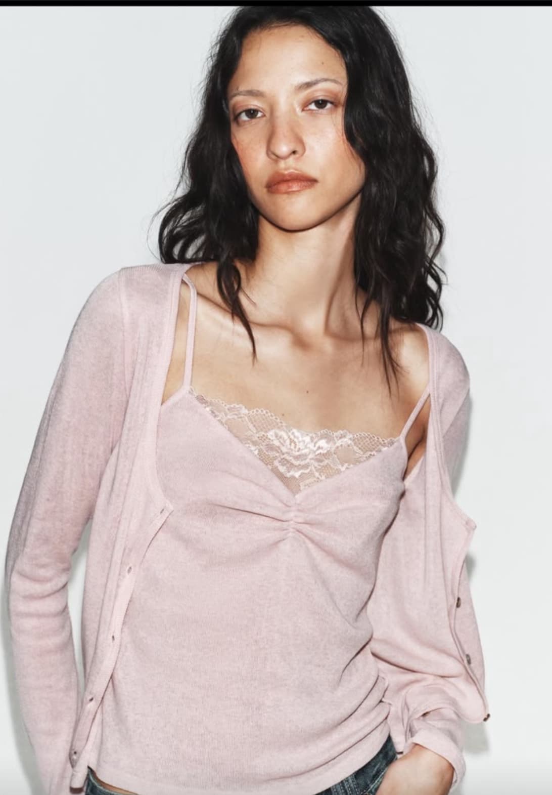 Zara Blush Pink Scalloped Lace-Trim Knit Camisole Set