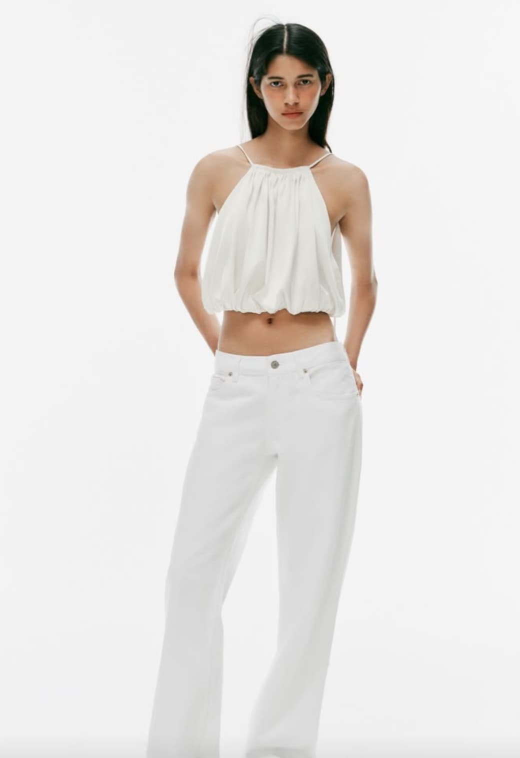 Zara Crisp White Bubble Hem Ruched Halter Crop Top